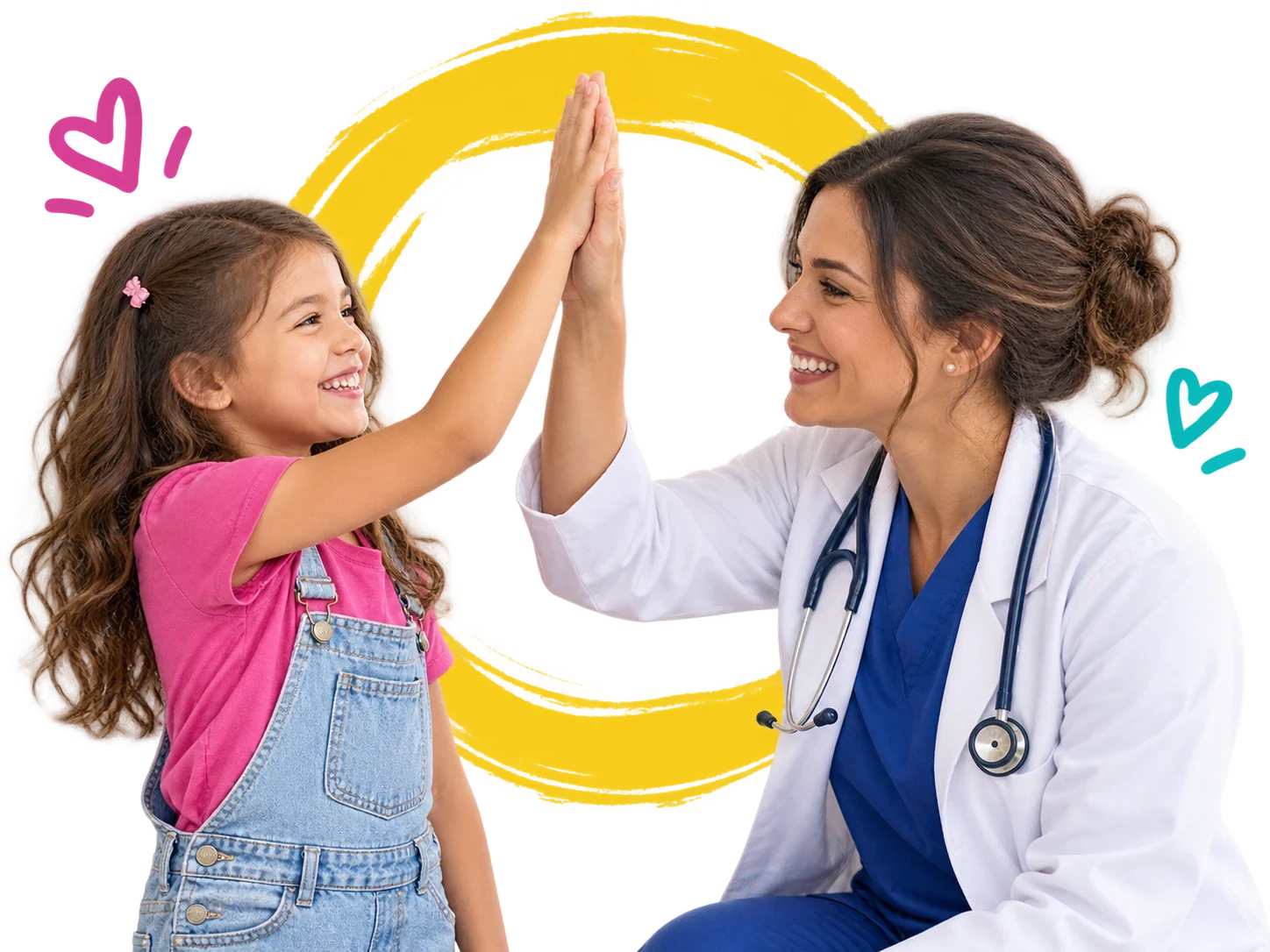 A joyful high-five between a child and a pediatric clinician
